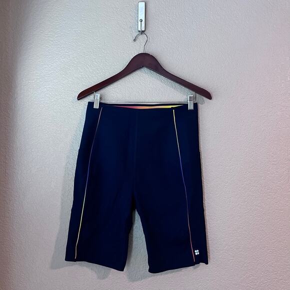 Sweaty Betty Power 9” Biker Shorts Navy Blue Rainbow Trim Pocket XL High Waist - Picture 2 of 8